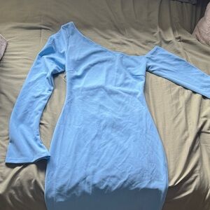 Hello Molly Sky Blue One-Shoulder Long Sleeve Dress